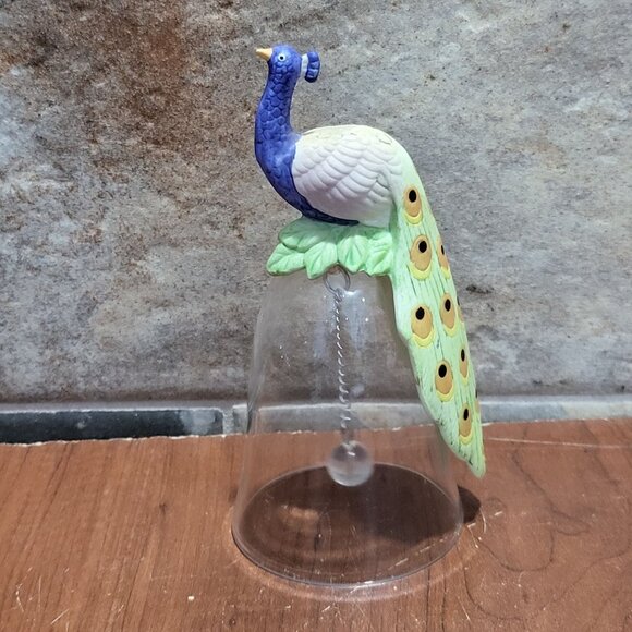Peacock Bird Figurine on Crystal Glass Bell Silver Tone Chain Glass Ball - Picture 3 of 11
